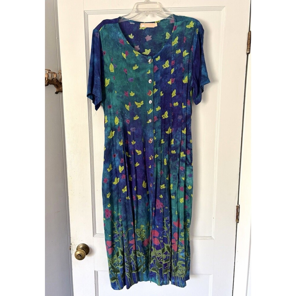 Vintage 90s La Cera Blue Floral Print Tie Back Boho Maxi Muumuu Dress Sz L